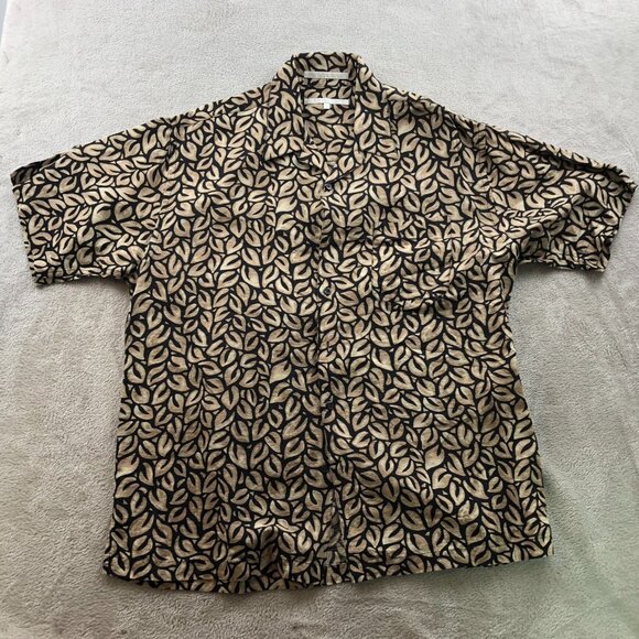 Perry Ellis Men Shirt Large Short Sleeve Silk Linen Button Up Leaf Print Tan Y2K - Picture 10 of 11